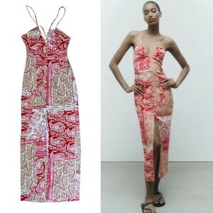 NWT Zara Patchwork Paisley Red Cream Midi Dress XS Slit Blogger Fave Buttons